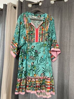 Johnny Was Teal Floral & Bird Print tunic dress  with Pink Trim